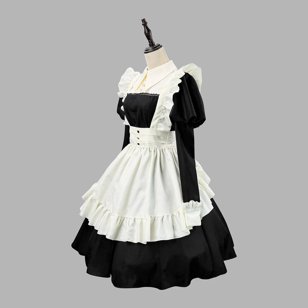 Women's Maid Lolita Dress Long Puff Sleeve Ruffle Apron Cosplay Costume with Headwear Theme Party Role Playing Outfits