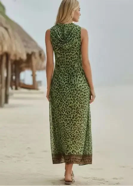 Women Sleeveless Hooded Zip Front Animal Spot Print Midi Dress Loose Flowy Swing Hem Pocket Long Outfit