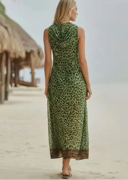 Women Sleeveless Hooded Zip Front Animal Spot Print Midi Dress Loose Flowy Swing Hem Pocket Long Outfit