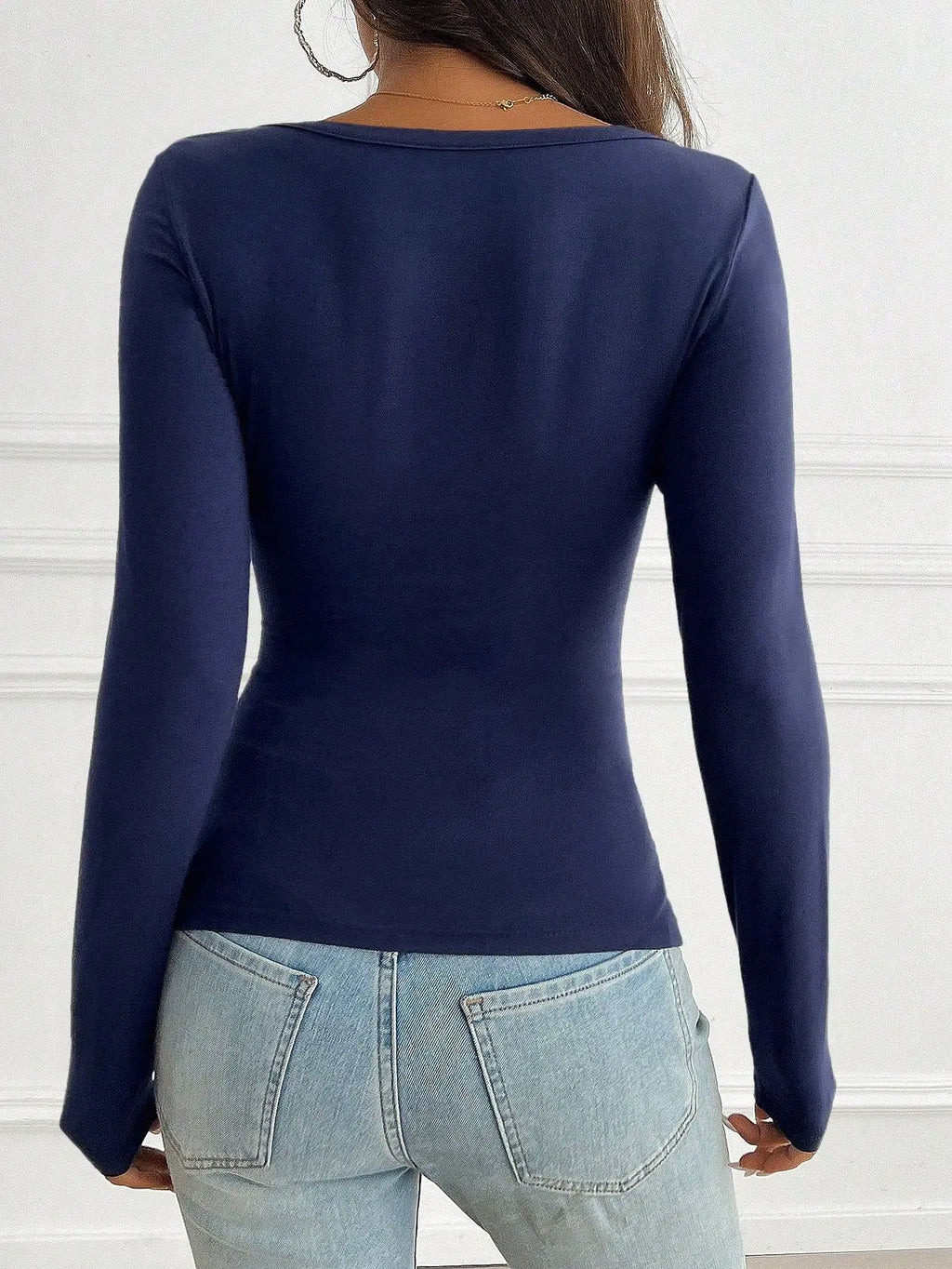 Women Y2K Slim Button V-Neck Long Sleeve Knitted T-Shirt Female Clothing Temperament Commuting Women Solid Casual Skinny Top