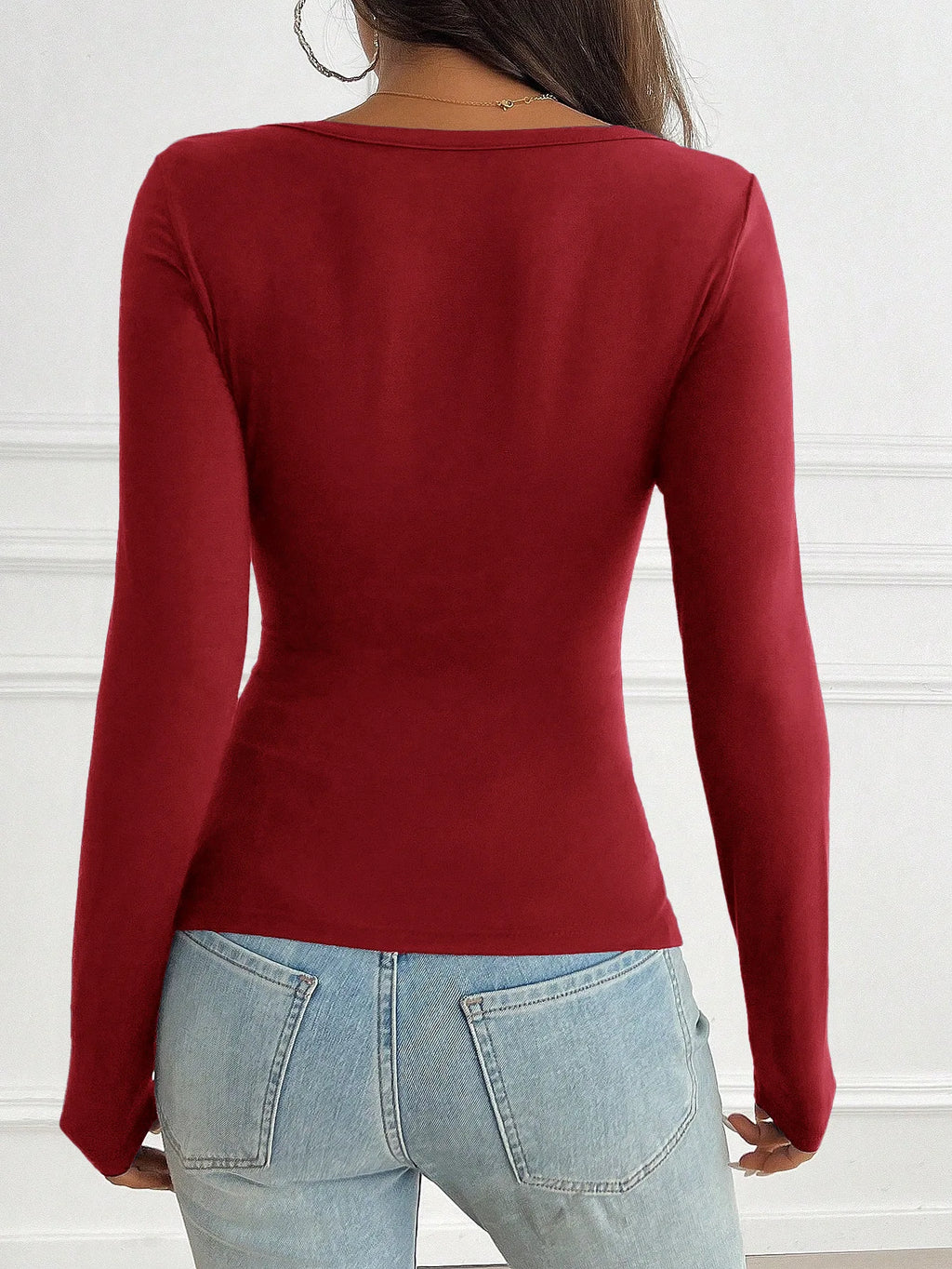 Women Y2K Slim Button V-Neck Long Sleeve Knitted T-Shirt Female Clothing Temperament Commuting Women Solid Casual Skinny Top