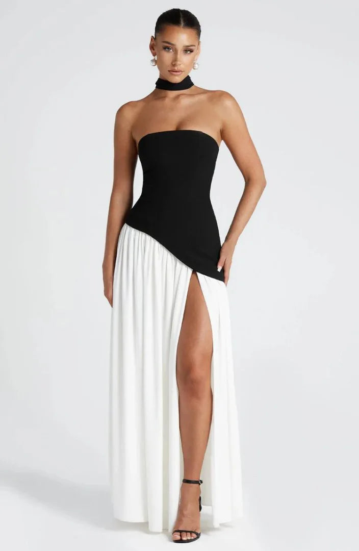 Women Strapless Asymmetrical Maxi Dress with Detachable Neck Wrap Pleated Flowy Long Evening Party Gown