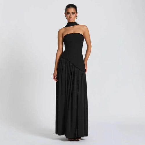 Women Strapless Asymmetrical Maxi Dress with Detachable Neck Wrap Pleated Flowy Long Evening Party Gown