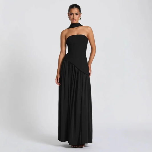 Women Strapless Asymmetrical Maxi Dress with Detachable Neck Wrap Pleated Flowy Long Evening Party Gown