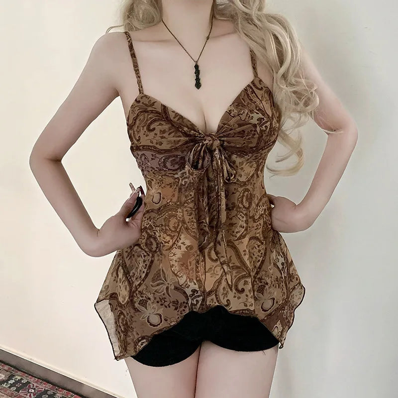 New Vintage Print Mesh Irregular Strap V-neck Sexy Slim Fit Cropped Top Vest Suitable for Streetwear Causal Women Clothing