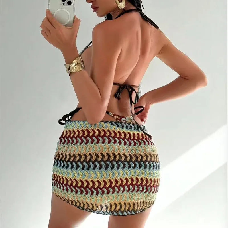 Women's Sexy 3 Piece Striped Bikinis Set Tie Side Top Cheeky Bottom with Wrap Skirt Summer Beach Holiday Swimsuits