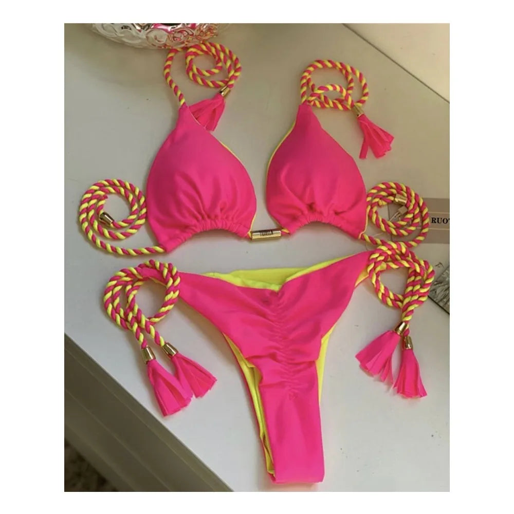 Women's Halter Tie Tassel Detail Two Piece Water Outfit Adjustable Side Drawstring Separated Swim Set for Beach Vacation Outfits