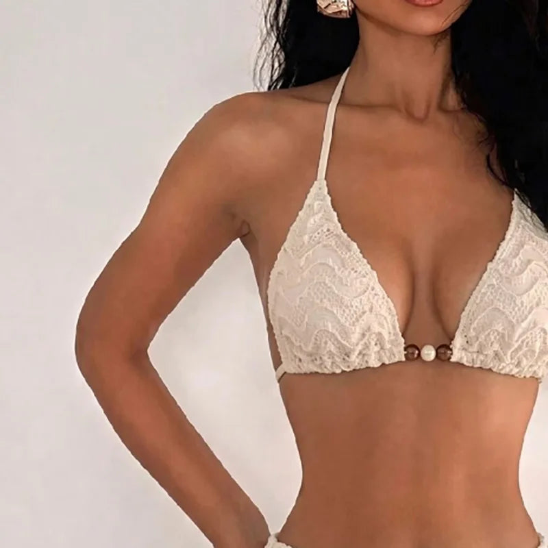 Boho Hollow Knit 3 Piece Swimwear Halter Bikini Top Bottom Sarong Skirt Breathable Lace Bathing Suit for Beach Sunbathing