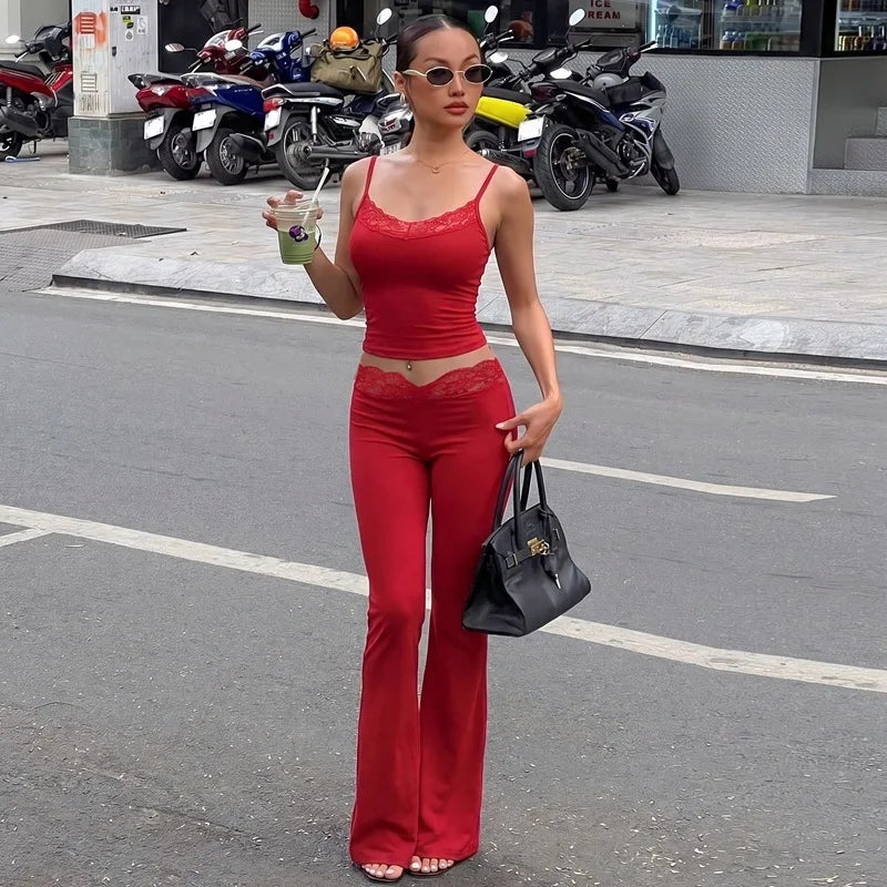 Women Summer Sexy Fungus Trim Spaghetti-Strap Tops Sexy Party Streetwear Patchwork Lace 2 Piece Sets