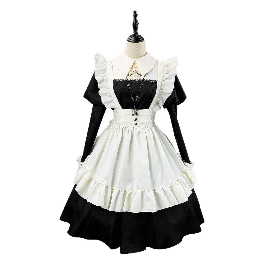 Women's Maid Lolita Dress Long Puff Sleeve Ruffle Apron Cosplay Costume with Headwear Theme Party Role Playing Outfits