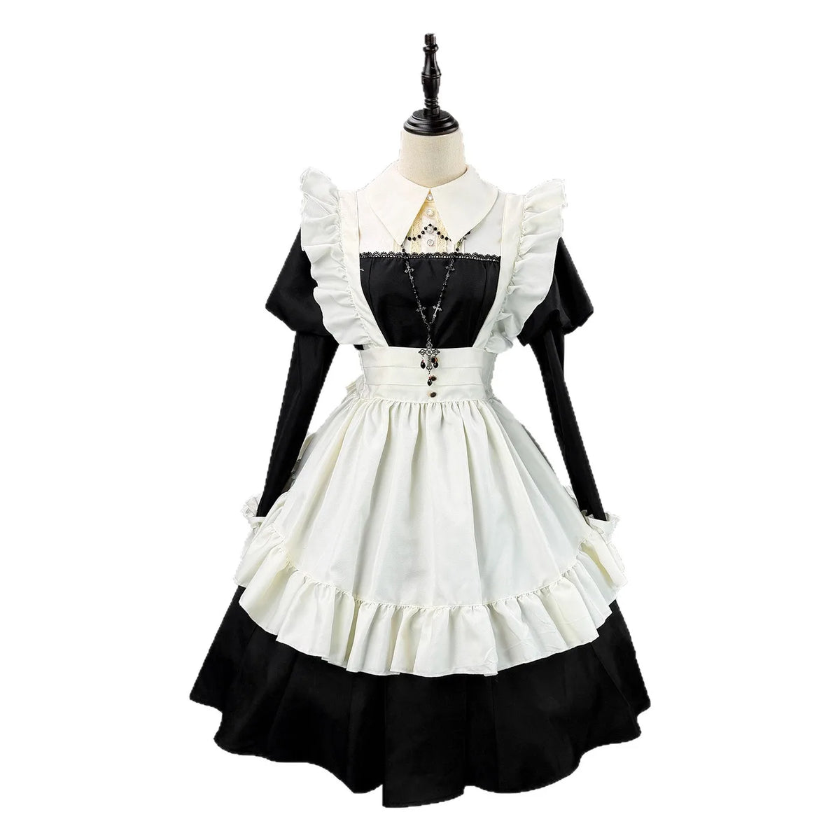 Women's Maid Lolita Dress Long Puff Sleeve Ruffle Apron Cosplay Costume with Headwear Theme Party Role Playing Outfits