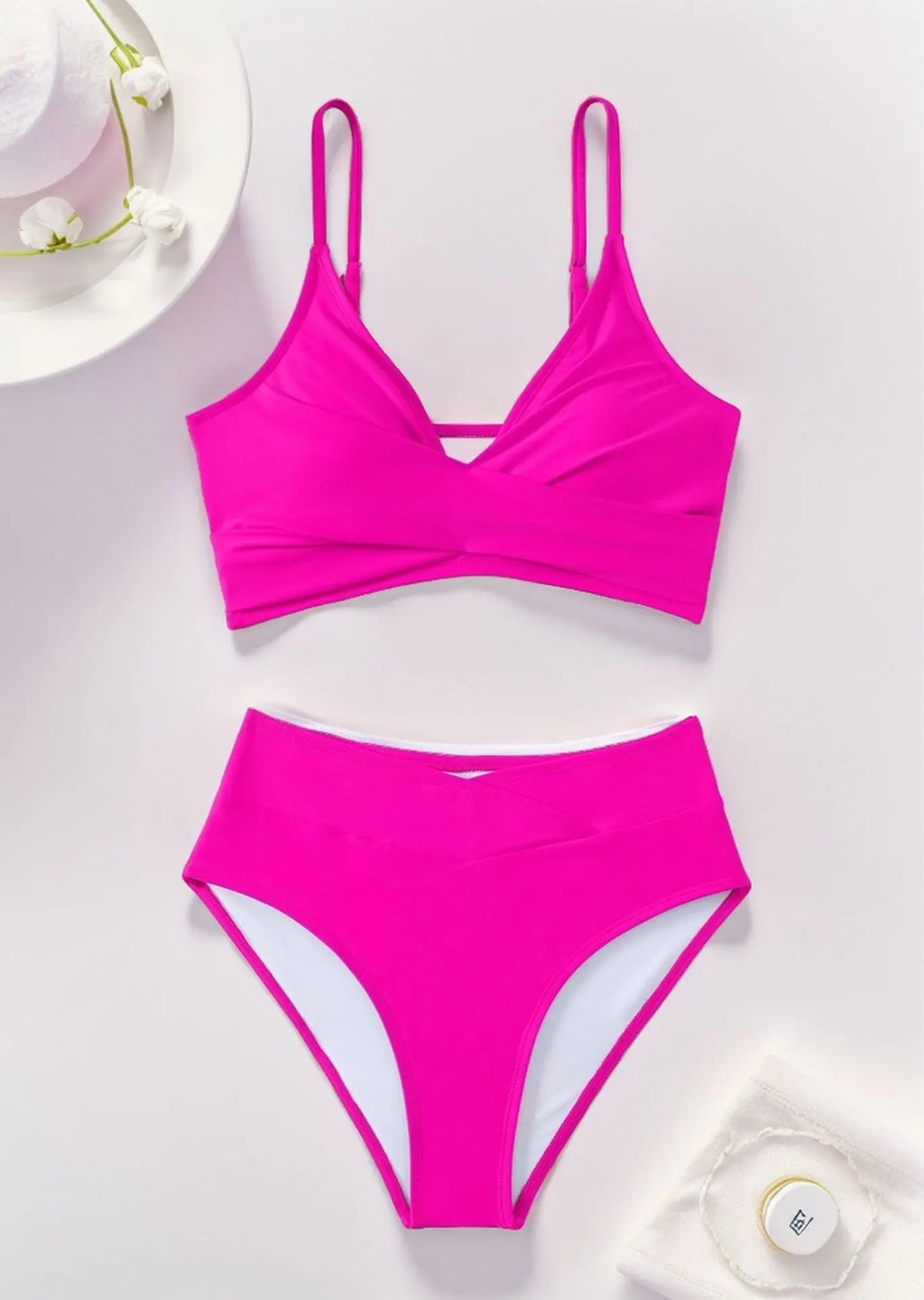 Women's Sexy Solid Color V-Neck Gather Backless Bikini Set 2 Piece High Waist Beach Pool Bathing Suits