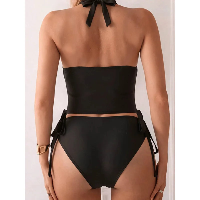 Women Contrast Color Wrap Front Halter Water Sports One Piece Bathing Suit Beach Vacation Adjustable Side Tie Boyleg Swimwear