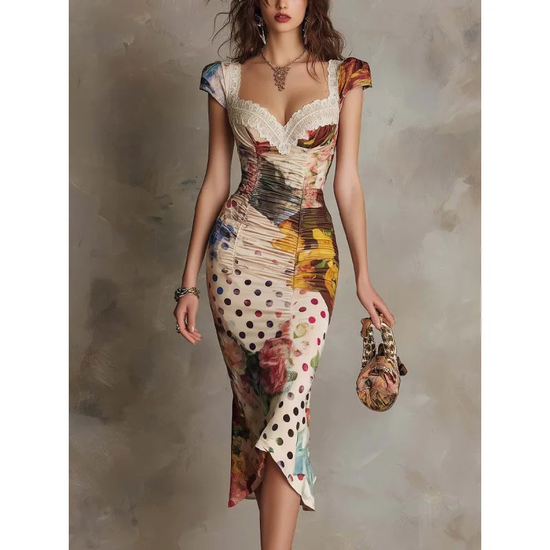 Women's Lace Square Neck Midi Bodycon Dress Mixed Floral Polka Dot Print Cap Sleeve Ruched Asymmetrical Hem Slim Party Dress