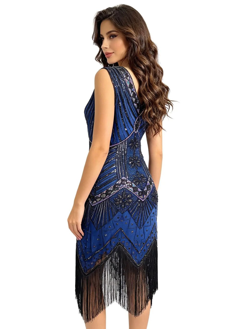 Women 1920s Flapper Dress Vintage Gatsby Beaded Sequin Fringe Midi Dress Sleeveless V Neck Roaring 20s Party Costume