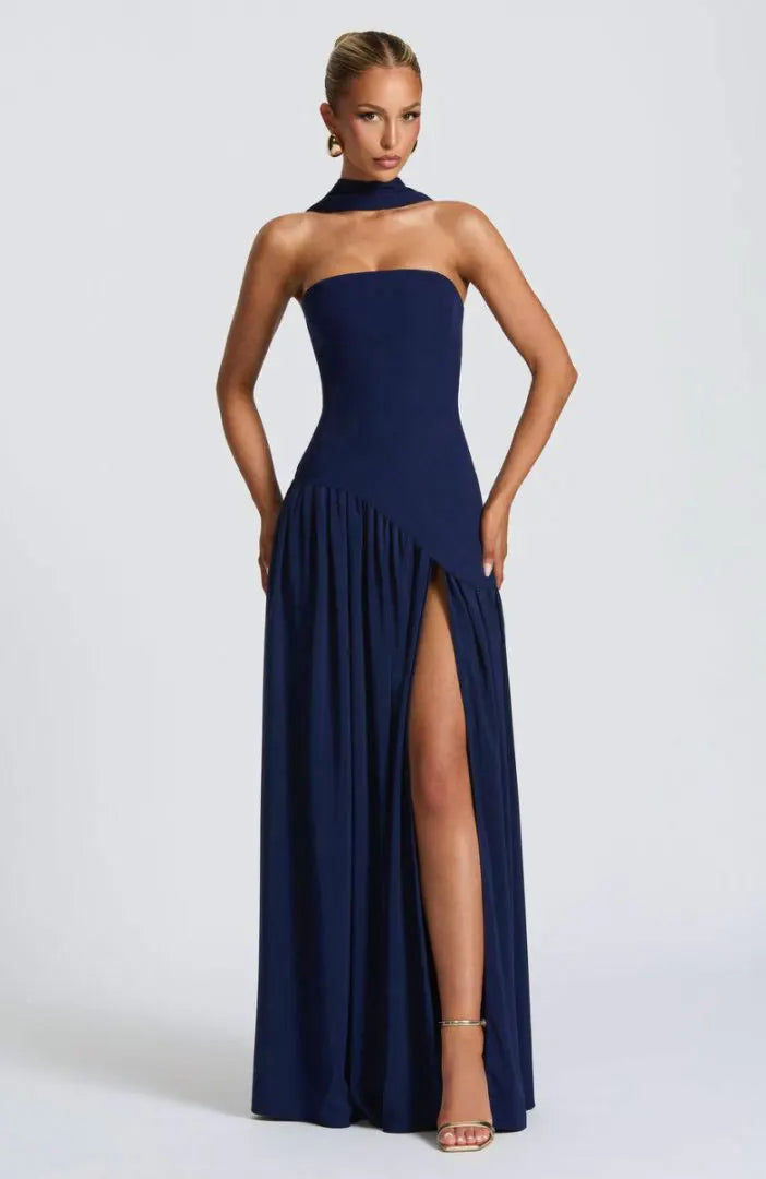 Women Strapless Asymmetrical Maxi Dress with Detachable Neck Wrap Pleated Flowy Long Evening Party Gown