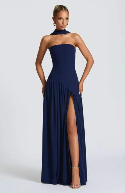 Women Strapless Asymmetrical Maxi Dress with Detachable Neck Wrap Pleated Flowy Long Evening Party Gown