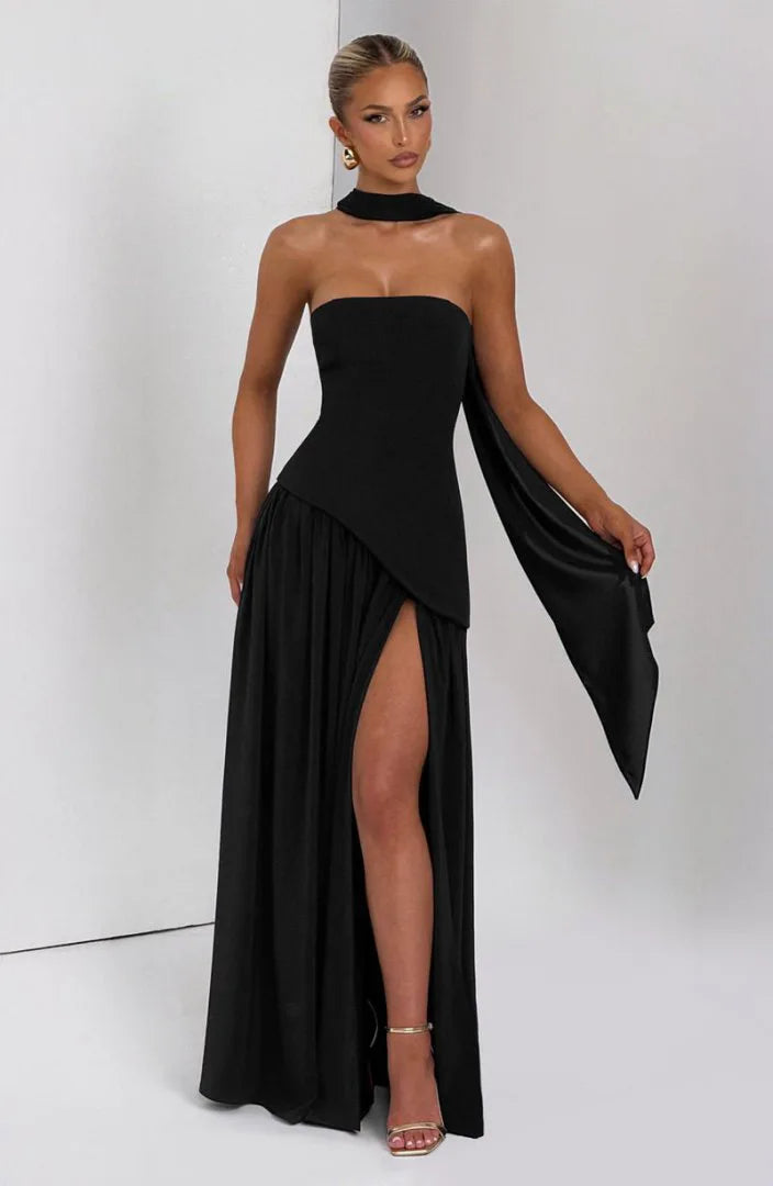 Women Strapless Asymmetrical Maxi Dress with Detachable Neck Wrap Pleated Flowy Long Evening Party Gown