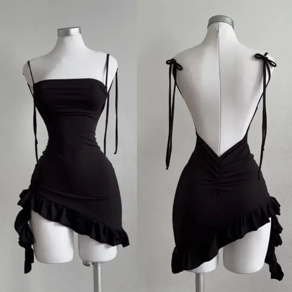 Women Lace Up Black Bodycon Dresses Strapless Backless Mini Dress Party Evening Sexy Slim Fit Ruffles Sundress