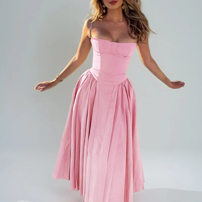 Women's French Retro Elegant V-Neck Sleeveless Slip Dress Bohemian Floral Beach Sundress Sexy Slim Fit Waist Cinched Long Dress