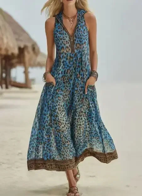 Women Sleeveless Hooded Zip Front Animal Spot Print Midi Dress Loose Flowy Swing Hem Pocket Long Outfit