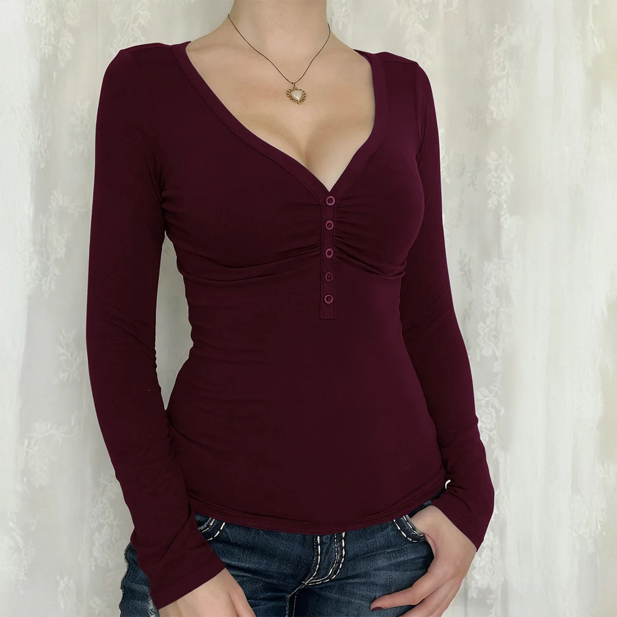 Women Y2K Slim Button V-Neck Long Sleeve Knitted T-Shirt Female Clothing Temperament Commuting Women Solid Casual Skinny Top