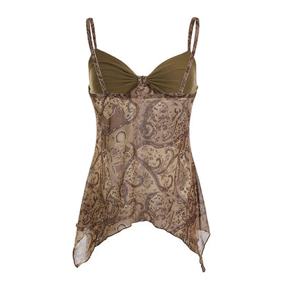 New Vintage Print Mesh Irregular Strap V-neck Sexy Slim Fit Cropped Top Vest Suitable for Streetwear Causal Women Clothing