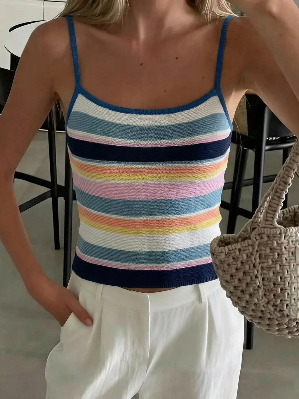 Colorful Rainbow Striped Knit Tank Top Strap Square Neck Slim Fit Crop Cami Casual Daily Women Beach Streetwear