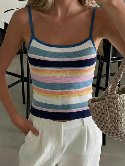 Colorful Rainbow Striped Knit Tank Top Strap Square Neck Slim Fit Crop Cami Casual Daily Women Beach Streetwear