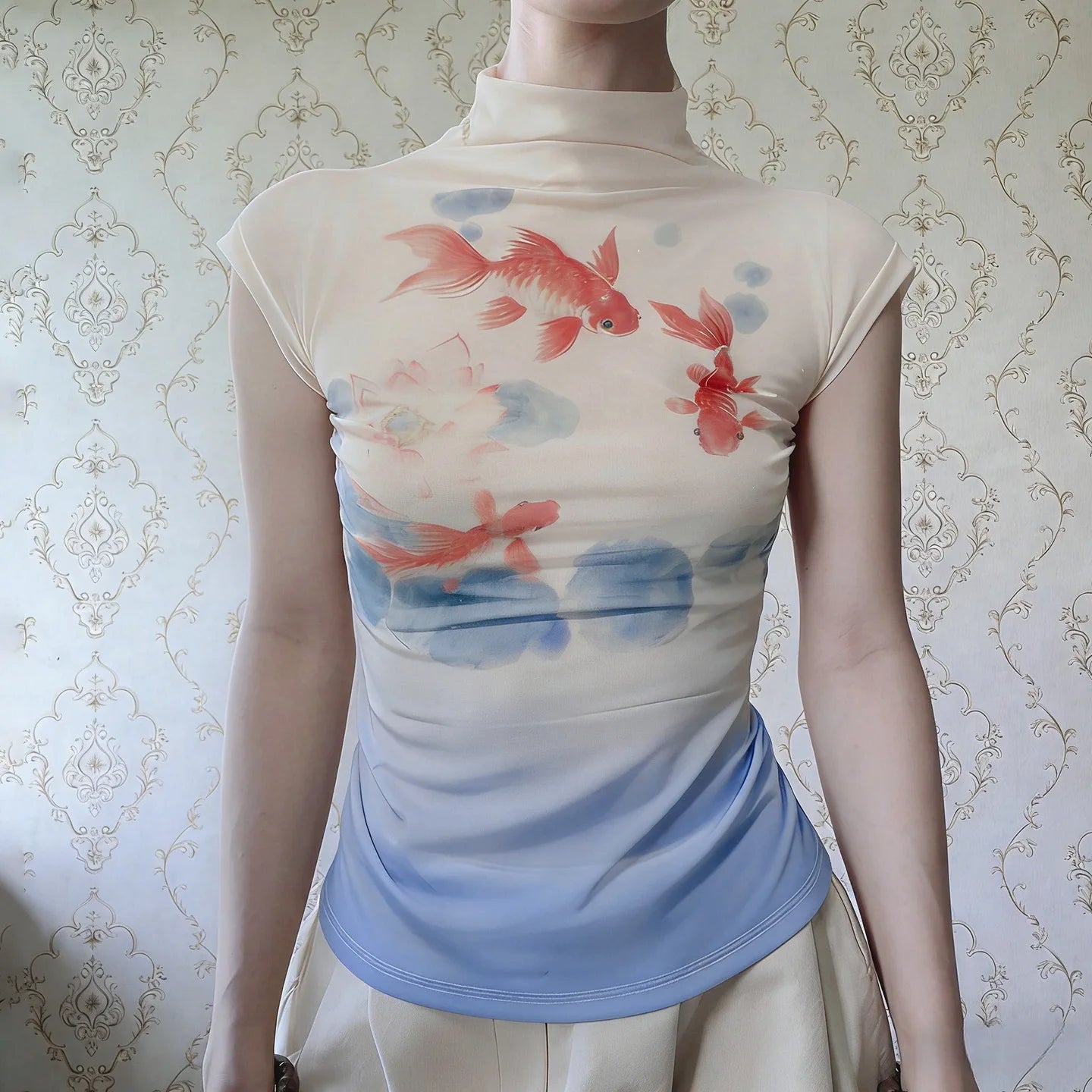 Women's Retro Vacation Style Goldfish Print Contrasting Stand Up Collar Short Sleeved T-shirt Slim Fit Slimming Casual Top