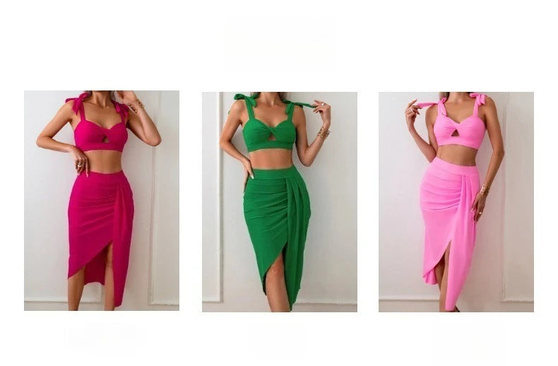 Women's Sexy Round Neck Solid Color Swimming Set High Waist Bikini with Skirt and Underpants 3-Piece Set for Seabeach