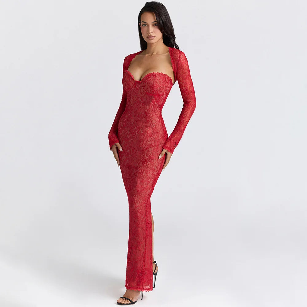 Women Halter Thin Strap Bustier Long Sleeve Shrug Sheer Floral Lace Bodycon Maxi Evening Gown Solid See Through Party Dress