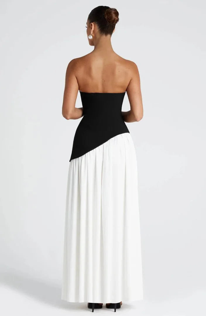 Women Strapless Asymmetrical Maxi Dress with Detachable Neck Wrap Pleated Flowy Long Evening Party Gown