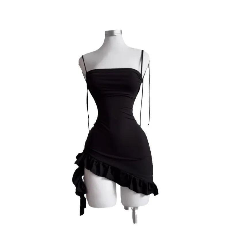 Women Lace Up Black Bodycon Dresses Strapless Backless Mini Dress Party Evening Sexy Slim Fit Ruffles Sundress
