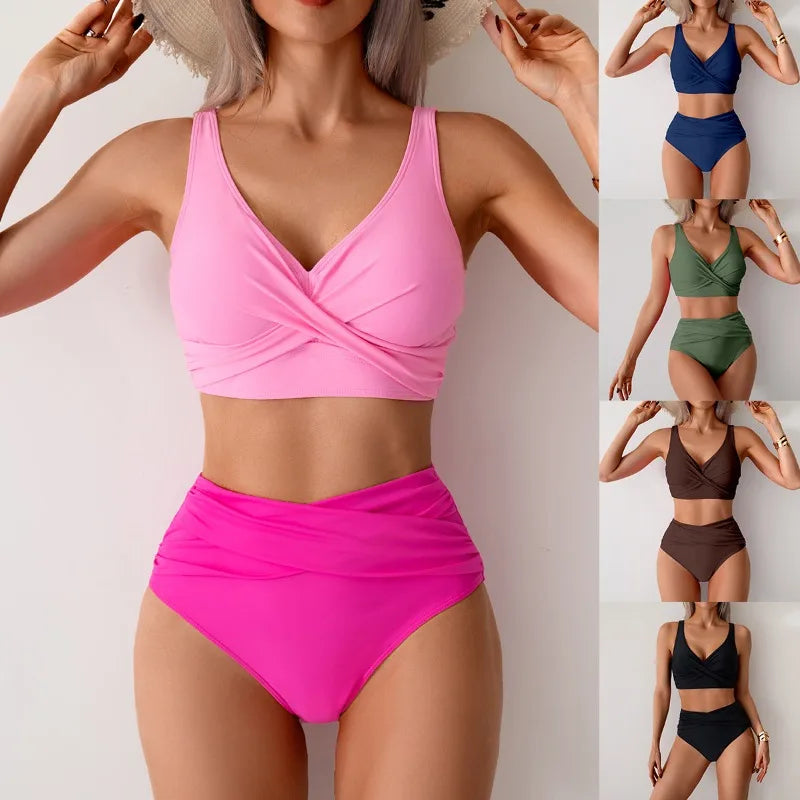 Women's Sexy Solid Color High Waist Bikini Set with Chest Pad Split Two-Piece Beach Pool Bathing Suits