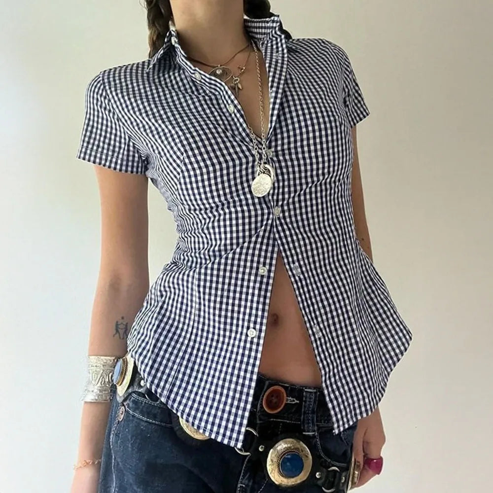 Retro Style Plaid Print Short Sleeve Collared Shirt Button Down Slim Fit Peplum Blouse for Daily Wear Brunch Women Outfits