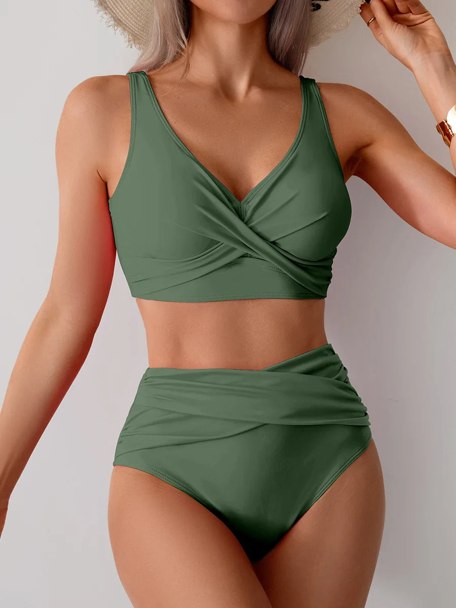 Women's Sexy Solid Color High Waist Bikini Set with Chest Pad Split Two-Piece Beach Pool Bathing Suits