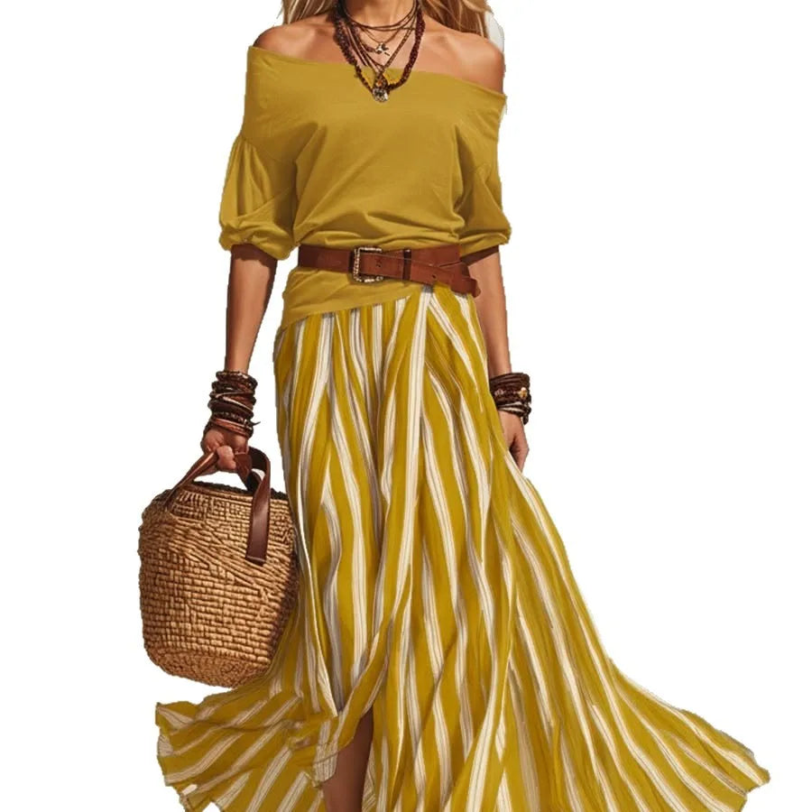 Women's Summer Off Shoulder Half Sleeve Top Vertical Stripe Split Maxi Skirt Two Piece Suit Loose Flowy Matching Set 2026