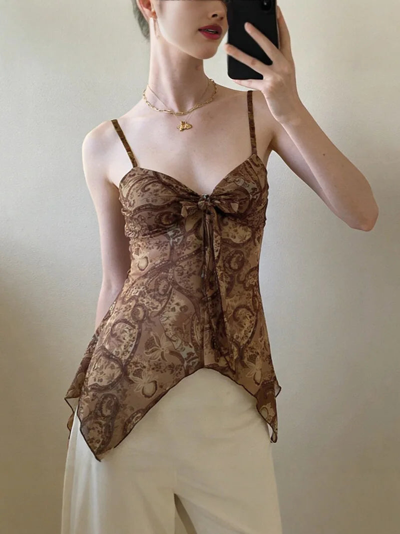 New Vintage Print Mesh Irregular Strap V-neck Sexy Slim Fit Cropped Top Vest Suitable for Streetwear Causal Women Clothing