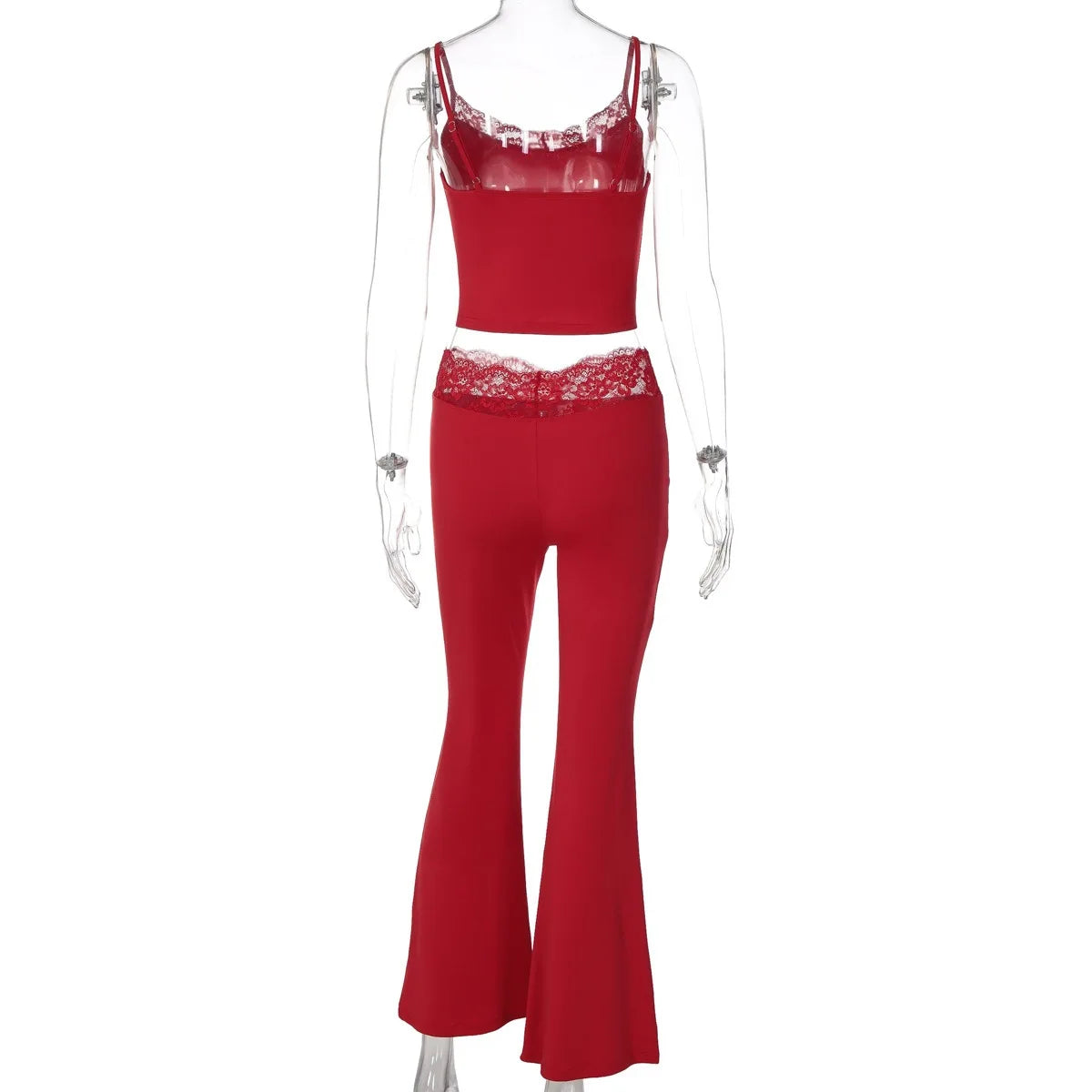 Women Summer Sexy Fungus Trim Spaghetti-Strap Tops Sexy Party Streetwear Patchwork Lace 2 Piece Sets