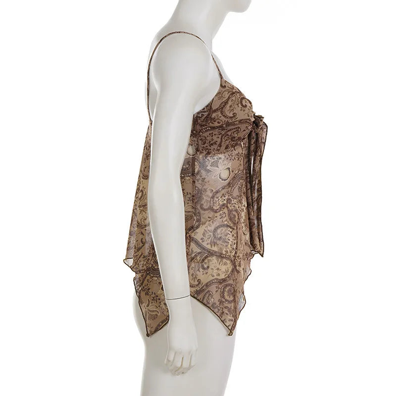 New Vintage Print Mesh Irregular Strap V-neck Sexy Slim Fit Cropped Top Vest Suitable for Streetwear Causal Women Clothing