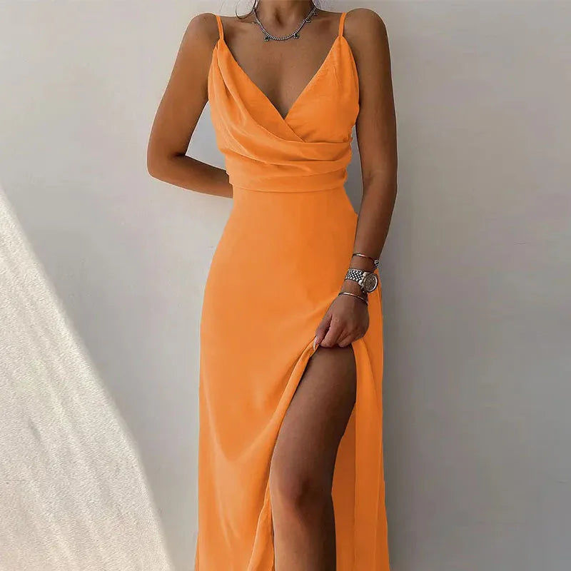 Summer Sexy Women's Camisole V-neck Slit Dress Elegant Sleeveless Gradient Slim Fit High Waisted Dress Maxi Vestidos Woman Party