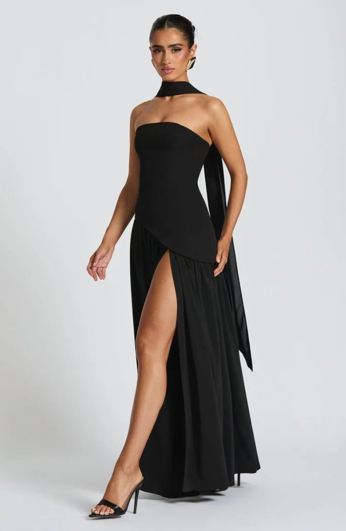 Women Strapless Asymmetrical Maxi Dress with Detachable Neck Wrap Pleated Flowy Long Evening Party Gown