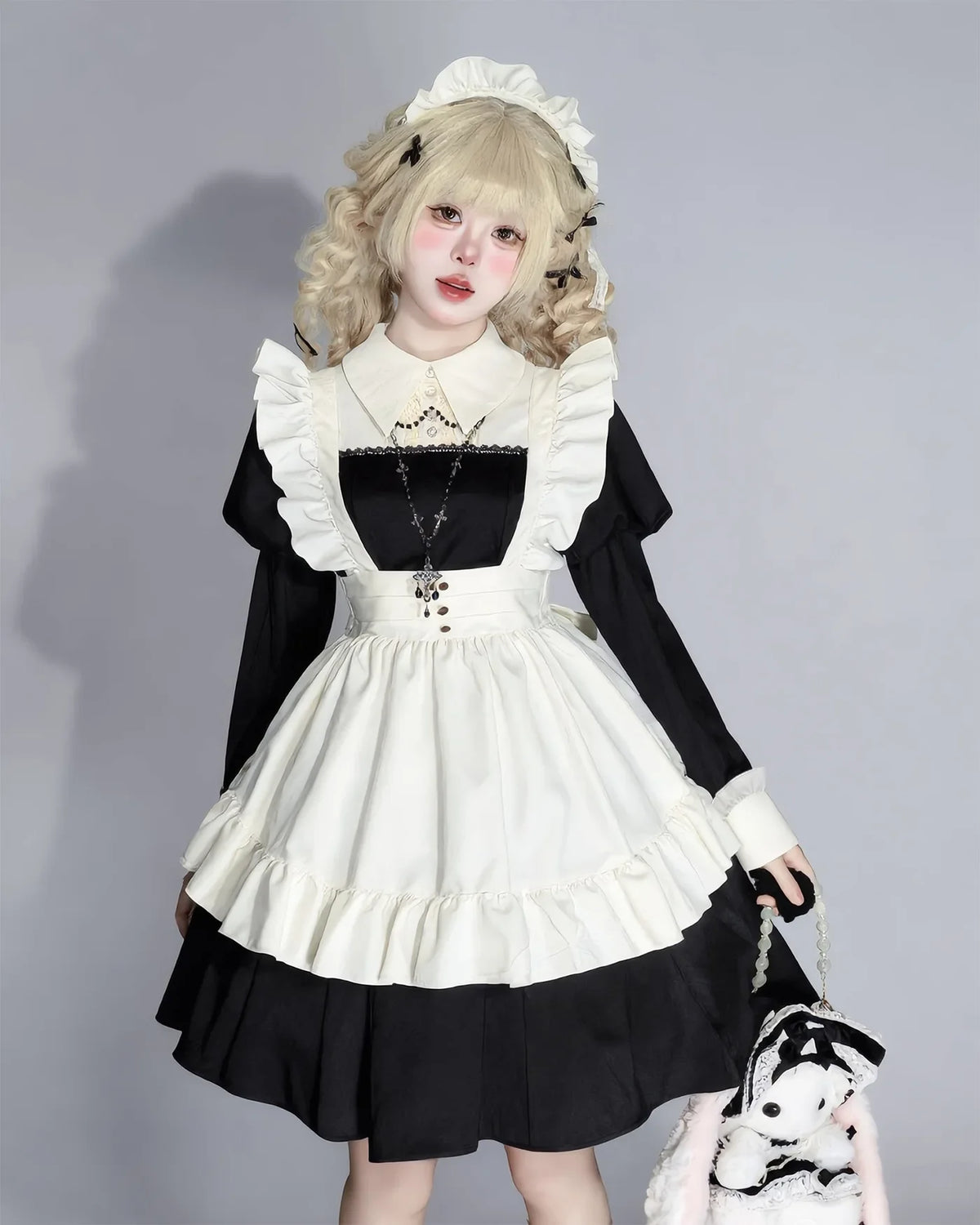 Women's Maid Lolita Dress Long Puff Sleeve Ruffle Apron Cosplay Costume with Headwear Theme Party Role Playing Outfits