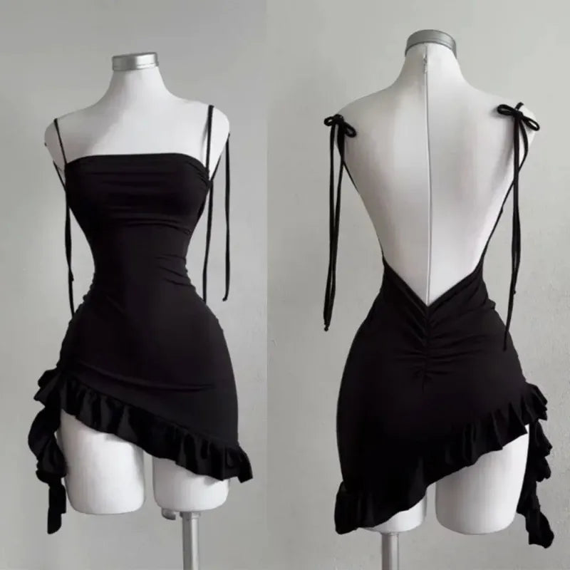 Women Lace Up Black Bodycon Dresses Strapless Backless Mini Dress Party Evening Sexy Slim Fit Ruffles Sundress