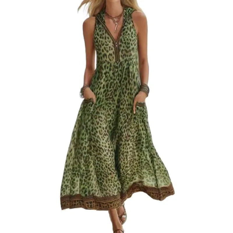 Women Sleeveless Hooded Zip Front Animal Spot Print Midi Dress Loose Flowy Swing Hem Pocket Long Outfit