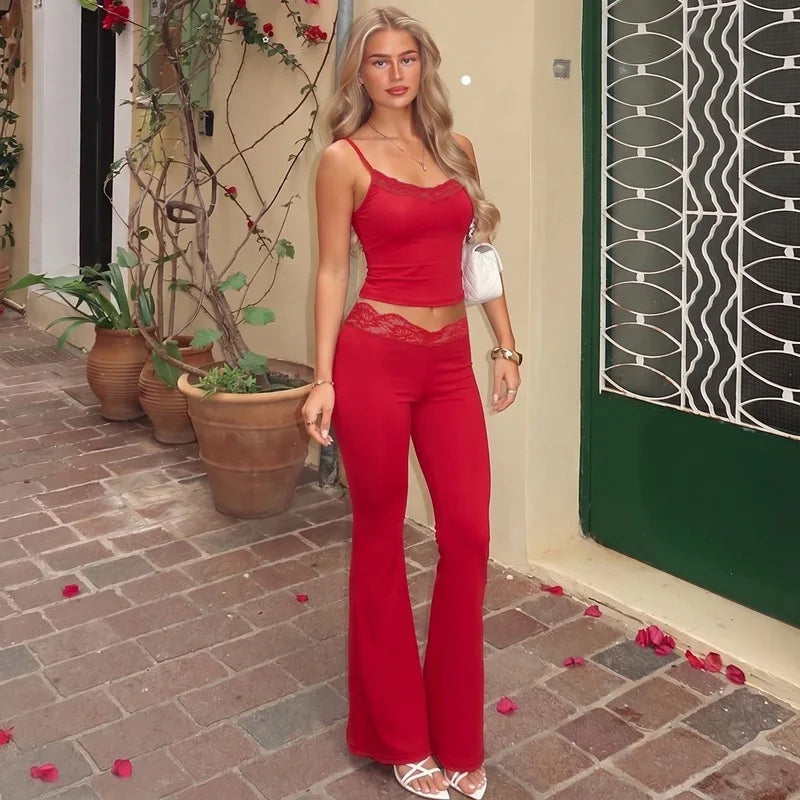 Women Summer Sexy Fungus Trim Spaghetti-Strap Tops Sexy Party Streetwear Patchwork Lace 2 Piece Sets