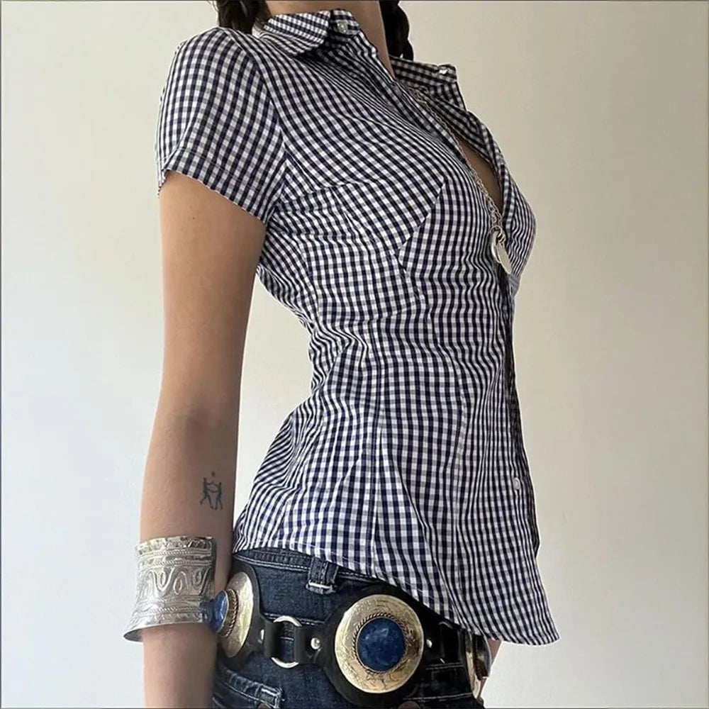 Retro Style Plaid Print Short Sleeve Collared Shirt Button Down Slim Fit Peplum Blouse for Daily Wear Brunch Women Outfits