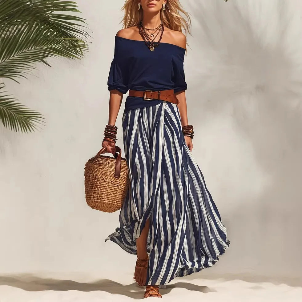 Women's Summer Off Shoulder Half Sleeve Top Vertical Stripe Split Maxi Skirt Two Piece Suit Loose Flowy Matching Set 2026