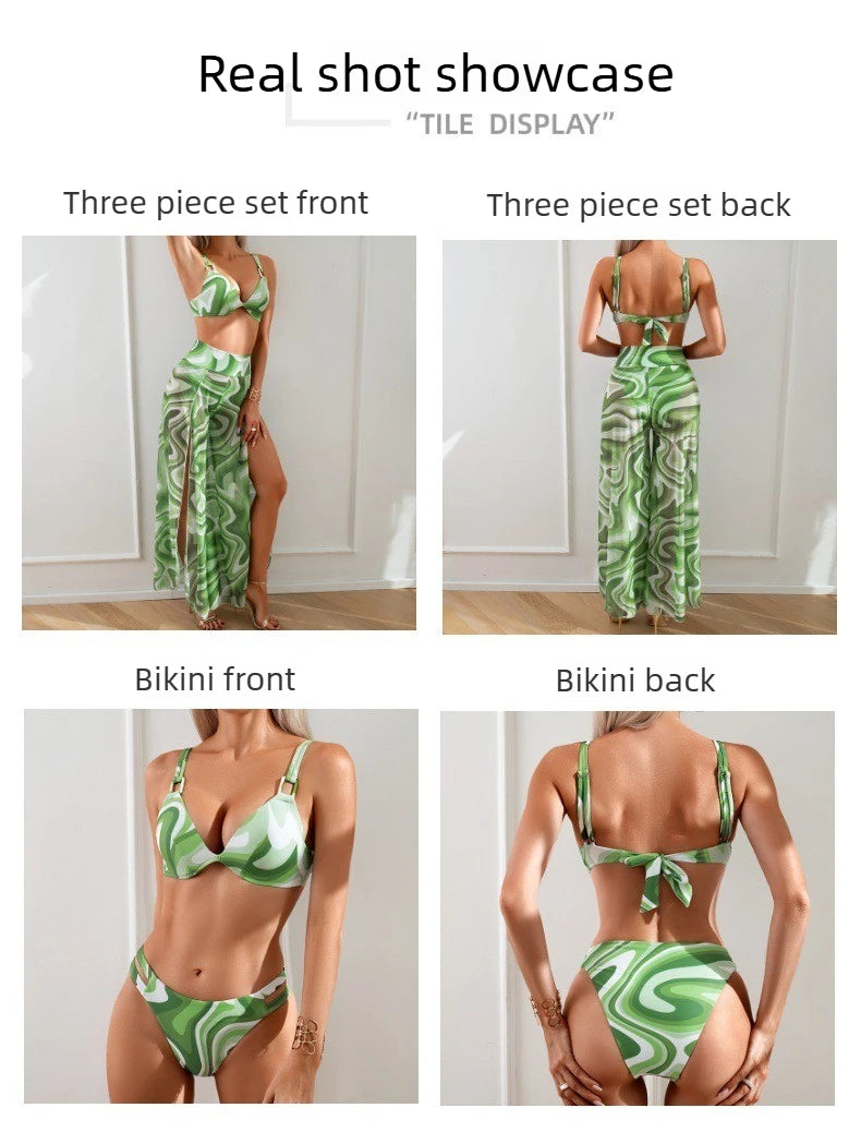 Women's Three-Piece Printed Swimsuit Set Fashion Split Bikini with Board Shorts Three-Piece Swimwear Summer Beachwear